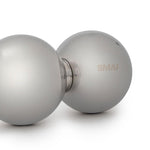A gleaming steel peanut roller featuring two spherical ends joined by a short handle. The brand "Sale Item" is engraved on one sphere. Its sleek surface, similar to a stainless steel massage roller, beautifully reflects light, offering both an elegant appearance and the therapeutic advantages of cold massage therapy.