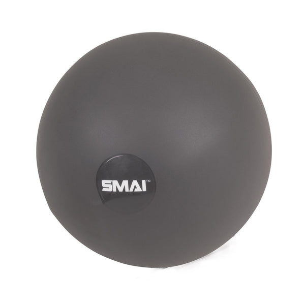 A grey SMAI Pilates Ball, perfect for core strengthening or Pilates exercises, features a small round label with "SMAI" in white letters on its surface.