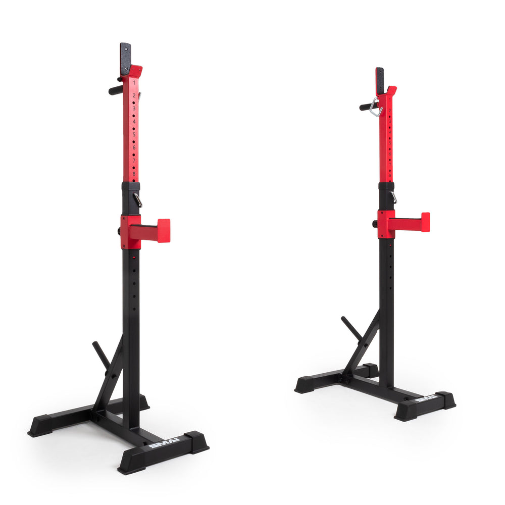 A pair of Sale Item's Portable Squat Stands in red and black, featuring stable bases and multiple height options for weightlifting and strength training, are set up as freestanding squat stands against a plain white background.