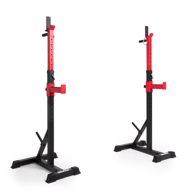 A pair of Sale Item's Portable Squat Stands in red and black, featuring stable bases and multiple height options for weightlifting and strength training, are set up as freestanding squat stands against a plain white background.