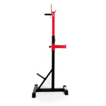 The Sale Item Portable Squat Stand - Red / Black (Pair) showcases a robust frame with adjustable supports and a safety catch, standing upright on its flat base against a plain white background.