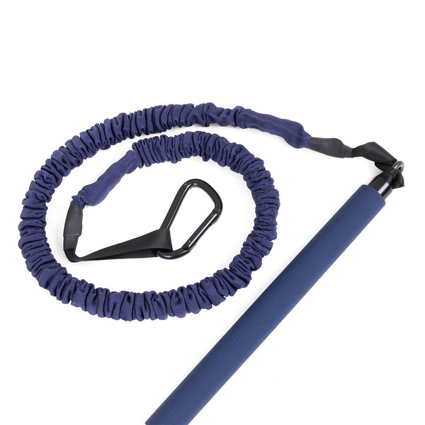 A Resistance Workout Bar from SMAI in blue, featuring a handle and an attached carabiner. The coiled band is shown on a white background, highlighting its elastic texture and length, ideal for elevating your resistance training sessions.