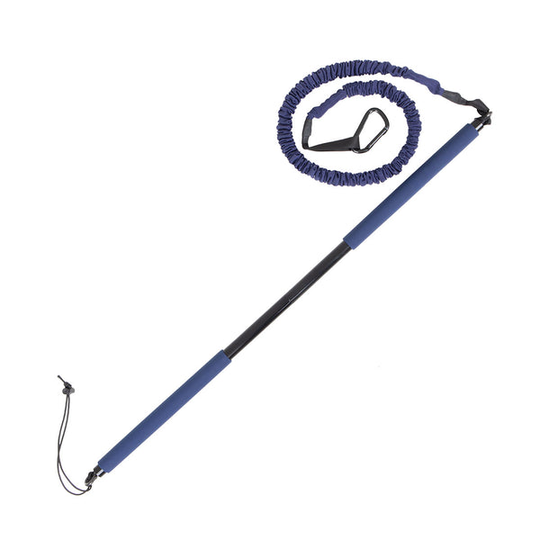 A surfboard leash in black and blue by SMAI, featuring a padded handle, adjustable coil, and a secure attachment clip. It's crafted with the durability of the Resistance Workout Bar to withstand challenging waves.