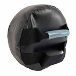 A black padded round weight bag with a textured fabric cover and a light blue mesh handle, shown on a plain white background.