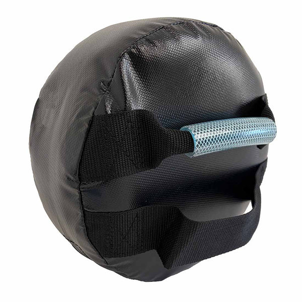 A black padded round weight bag with a textured fabric cover and a light blue mesh handle, shown on a plain white background.
