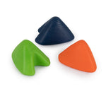 The Trigger Point Pack by SMAI features three uniquely textured climbing holds set against a white background. This set includes one blue, one green, and one orange hold, each designed in a distinct triangular shape reminiscent of foam rollers used for trigger point therapy.