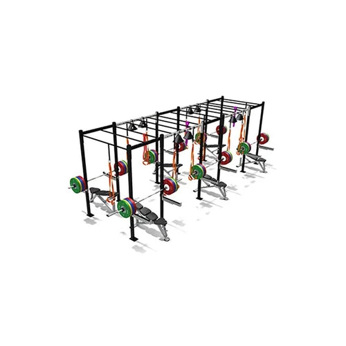 Illustration of a multi-station gym setup featuring racks with barbells, benches, and weight plates. The equipment is positioned in two parallel rows, designed for strength training activities like bench pressing and squats.