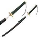 The SMAI Shackled Emerald Anime Display Katana features a black sheath, gold guard, green handle with black criss-cross accents, and a decorative chain for added flair.