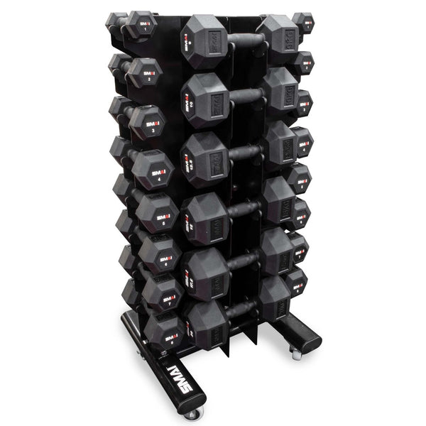 Rubber Hex Dumbbell Set 1-20kg (Pair) with Storage Rack
