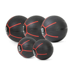 The Commercial Medicine Ball Set 34kg by SMAI features a set of five black slam balls with red stripes, ideal for CrossFit Workouts. Weights included are 3 kg, 5 kg, 7 kg, 9 kg, and 10 kg. These slip-resistant medicine balls are beautifully displayed against a white background.