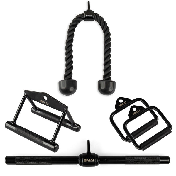 Cable machine accessories pack - Tricep rope, straight bar, v bar, 2 straight arm attachments 