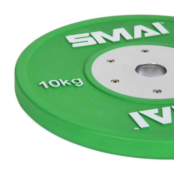 Green Competition Bumper Plate 10kg (PAIR) Close up