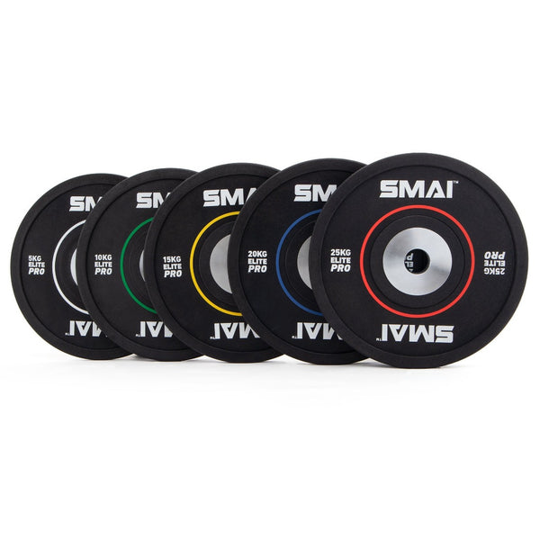 Elite Pro Bumper Plates Set 150kg includes 2x 5kg, 2x 10kg, 2x 15kg, 2x 20kg, 2x 25kg Elite Pro Bumper Plates
