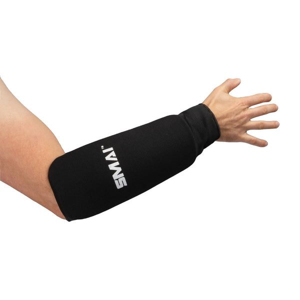 Arm wearing black martial arts forearm guard