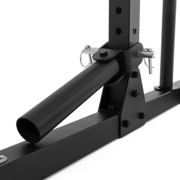 Squat Rack with Accessories front view Close up of barbell accessory
