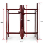 The SMAI Kung Fu Dummy - Freestanding is crafted from rosewood and designed for Wing Chun training, featuring three protruding arms and a leg. It includes red measurement arrows indicating dimensions of 136cm, 142cm, 150cm, and 178cm for the dummy and its supporting frame.