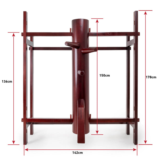 The SMAI Kung Fu Dummy - Freestanding is crafted from rosewood and designed for Wing Chun training, featuring three protruding arms and a leg. It includes red measurement arrows indicating dimensions of 136cm, 142cm, 150cm, and 178cm for the dummy and its supporting frame.