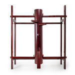 The Kung Fu Dummy - Freestanding by SMAI is a dark rosewood training tool designed for Wing Chun, featuring a vertical post with three horizontal wooden arms and a leg framed by supporting beams against a plain white background.