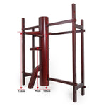 The SMAI Kung Fu Dummy - Freestanding is a rosewood Wing Chun training tool designed with three protruding arms and a leg, all mounted on a robust wooden frame. It features red arrows and precise measurements to indicate the height and spacing between the arms and leg. The dummy is polished to achieve a well-crafted appearance.