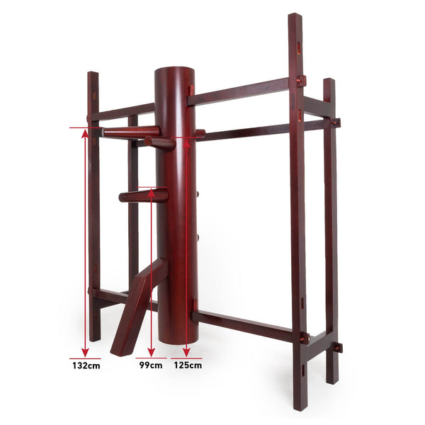 The SMAI Kung Fu Dummy - Freestanding is a rosewood Wing Chun training tool designed with three protruding arms and a leg, all mounted on a robust wooden frame. It features red arrows and precise measurements to indicate the height and spacing between the arms and leg. The dummy is polished to achieve a well-crafted appearance.