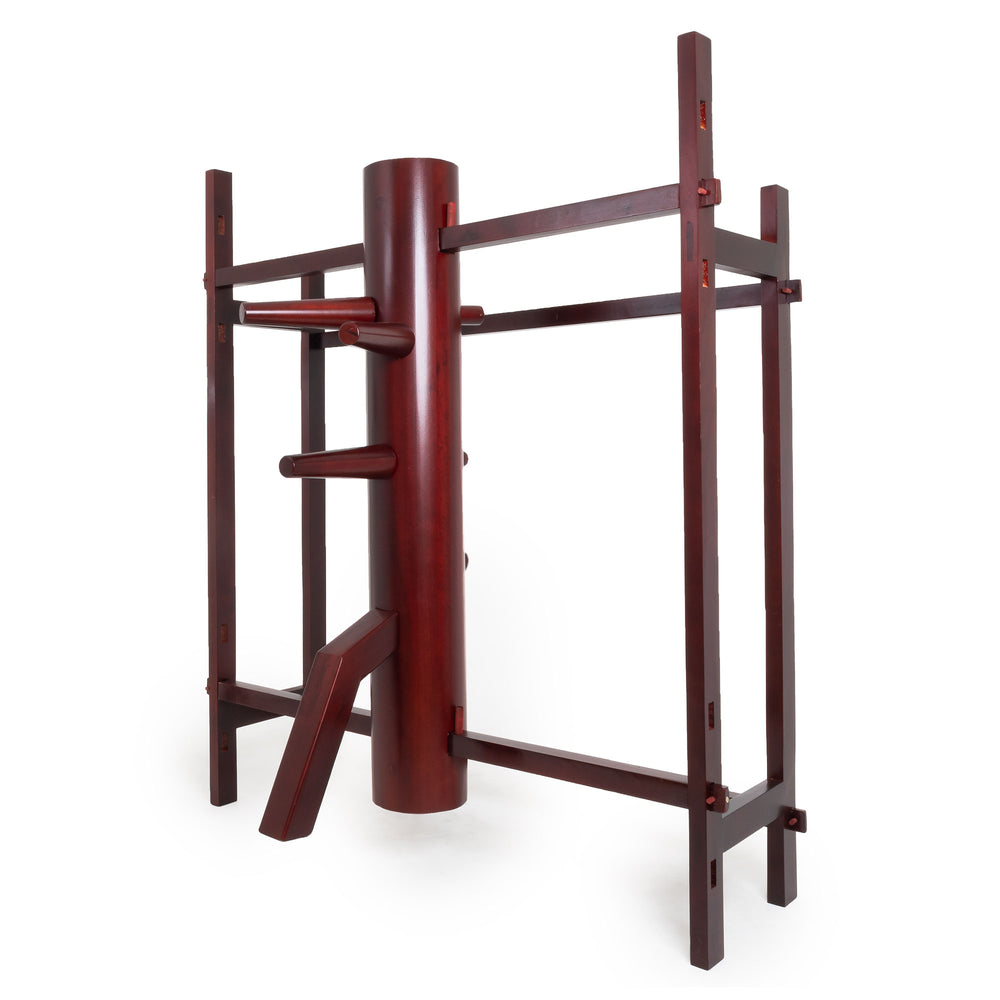 The SMAI Kung Fu Dummy - Freestanding is elegantly crafted with a design featuring multiple arms and a leg extending from its central column. It stands securely within a supportive frame, making it perfect for Wing Chun training and providing an authentic martial arts experience.