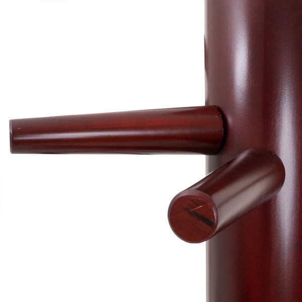 Close-up of the SMAI Kung Fu Dummy - Freestanding, showcasing its rosewood design with two horizontal wooden arms protruding from a vertical cylindrical body. The surface is polished to a dark reddish-brown finish, bringing out the smooth texture of the wood, ideal for Wing Chun practice.
