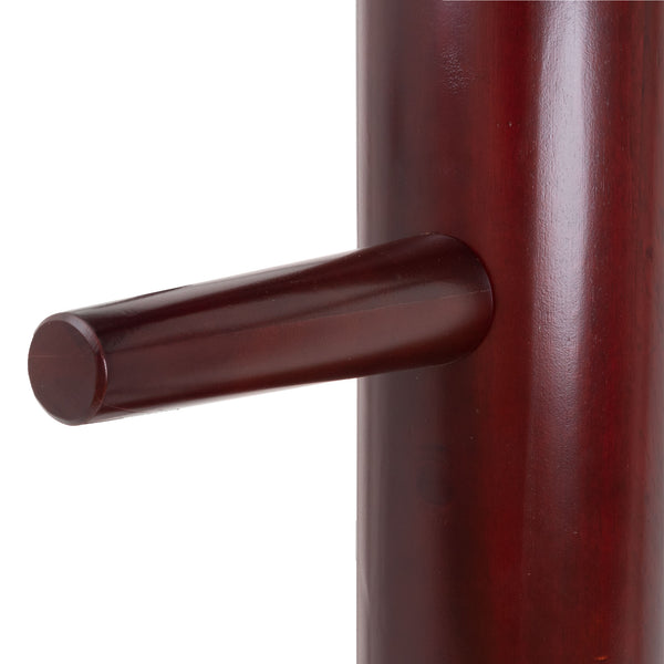 A close-up view of the SMAI Kung Fu Dummy - Freestanding made from rosewood. The image highlights one horizontal arm extending from the polished, dark brown surface, encapsulating the essence of traditional Kung Fu practice.