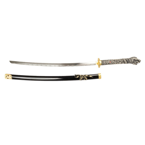 Sword out of sheath laying next to it flat lay 