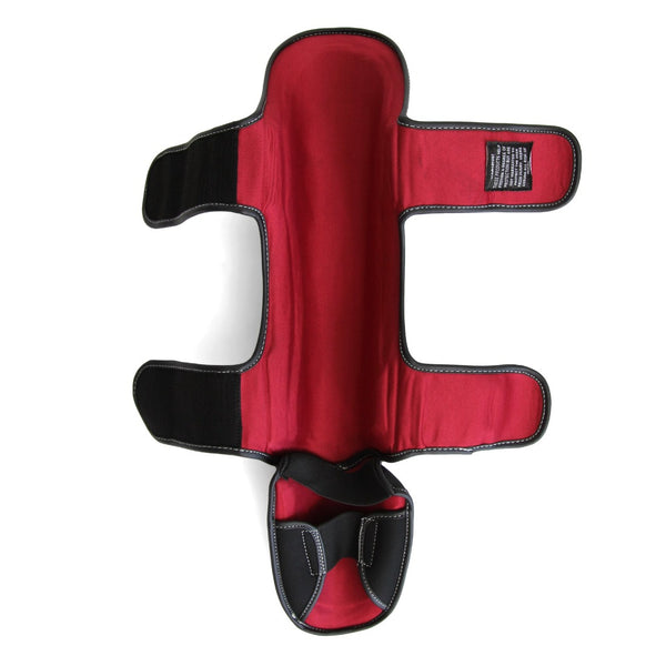 Elite85 Muay Thai Shin Guards Back Flat lay open Red Inner