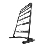 The SBELL Stand by Sbell Training is a black, four-tier storage solution with shelves marked for weights of 4KG, 8KG, 12KG, and 16KG. It is perfect for fitness enthusiasts aiming to maintain an organized gym space. The slight backward angle of the rack enhances its stability.