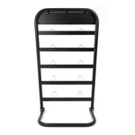 Introducing the SBELL Stand by Sbell Training, a sleek black metal structure designed for gym organization. It features multiple horizontal bars and hooks, making it ideal for fitness enthusiasts to neatly store various items. The rectangular design boasts rounded top corners and a stable base, all set against a white background.