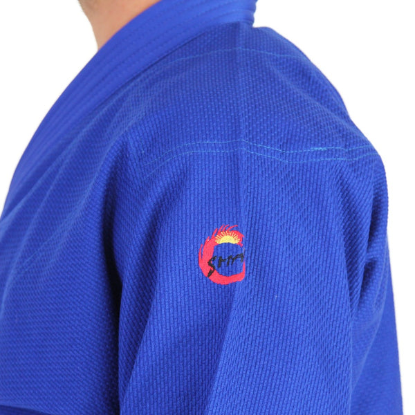 Judo Uniform - Single Weave Gi (Blue) Front View Close up of SMAI shoulder embroidery