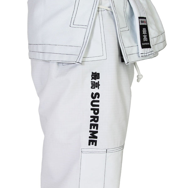 Supreme Brazilian Jiu Jitsu Uniform - White Close up of pant embroidery