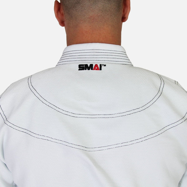 Supreme Brazilian Jiu Jitsu Uniform - White Close up of SMAI Logo on back of neck