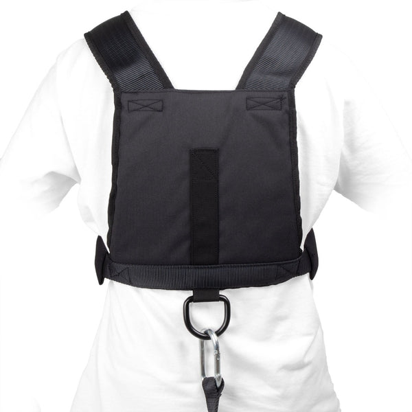 sled harness back view on body