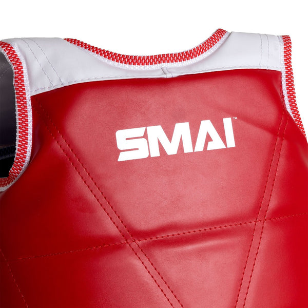 Taekwondo Chest Guard - Reversible Red side close up SMAI Logo