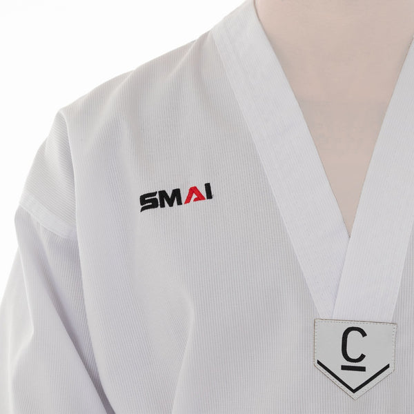 TKD Uniform Classic - 8oz Ribbed Student Dobok (White V-Neck) Close up of lapel