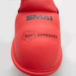 KARATE SHIN INSTEP GUARD - WKF APPROVED Red Close up of WKF approved on foot