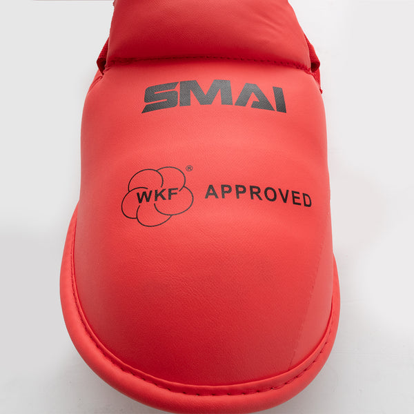KARATE SHIN INSTEP GUARD - WKF APPROVED Red Close up of WKF approved on foot