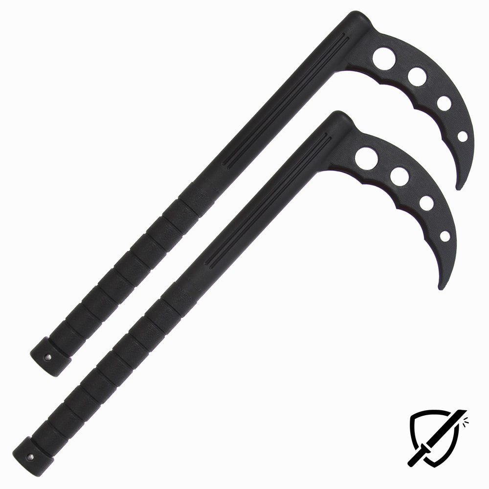 Two black SMAI Kama training swords, made from unbreakable polypropylene, feature curved blades and ringed handles. They lay parallel on a white background with a small shield icon and crossed-out sword in the lower right corner, reminiscent of Okinawan kobudo weaponry.