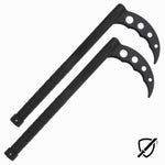 Two black SMAI Kama training swords, made from unbreakable polypropylene, feature curved blades and ringed handles. They lay parallel on a white background with a small shield icon and crossed-out sword in the lower right corner, reminiscent of Okinawan kobudo weaponry.