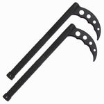 Two SMAI Kama training weapons, crafted from durable unbreakable polypropylene and featuring straight handles with curved, serrated blades and finger holes, reminiscent of Okinawan kobudo tools, are positioned parallel to each other on a white background.