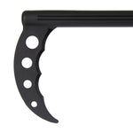 Close-up of the SMAI Kama - Training PP - Unbreakable, a black, curved plastic object featuring four circular holes along its arc. Made from polypropylene, it boasts an industrial or functional design that suggests it is likely a tool or accessory component. Its textured surface stands out against a white background.