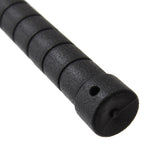 Here is a close-up of the textured black grip crafted from durable polypropylene, featuring a cylindrical shape and evenly spaced grooves. It concludes with a rounded cap that includes a small side hole, making it perfect for Okinawan kobudo training weapons like the "Kama - Training PP - Unbreakable" by SMAI.