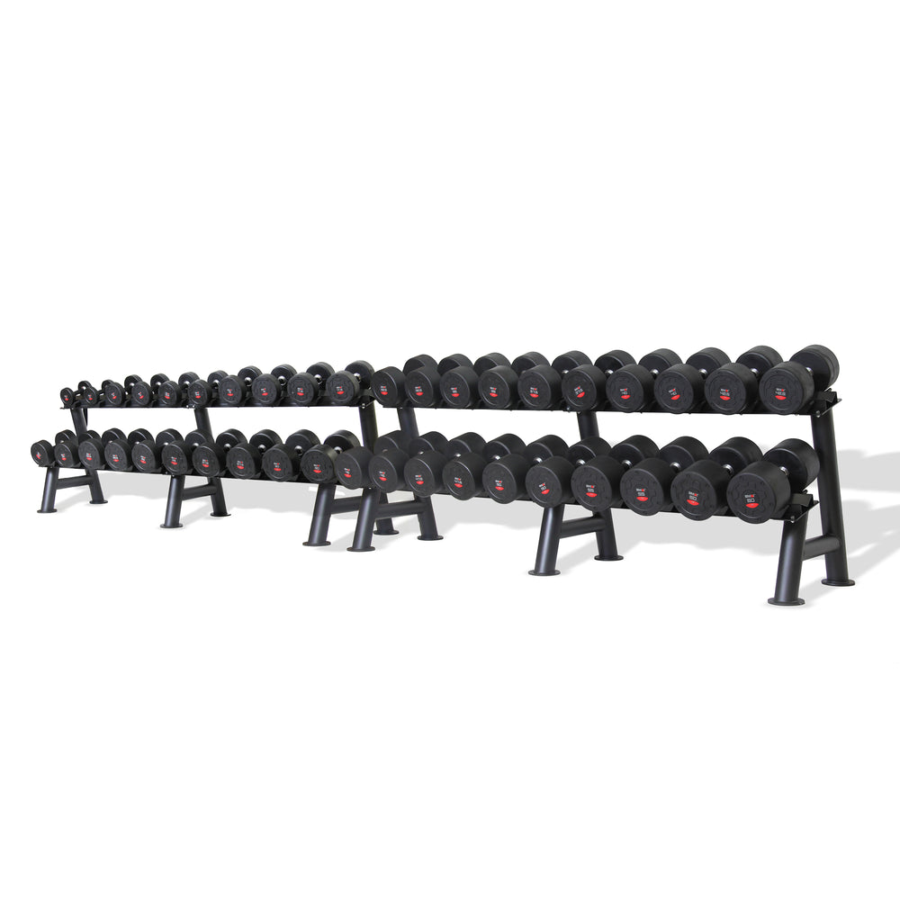 A set of SMAI's Commercial Dumbbell Set with Rack 5-60kg, featuring sleek black rubber-coated dumbbells organized by size on a tiered rack against a white backdrop. This collection spans from light to heavy weights, meticulously arranged in rows, showcasing the ideal gym equipment for any fitness enthusiast.