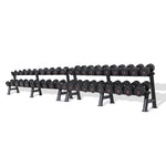 A set of SMAI's Commercial Dumbbell Set with Rack 5-60kg, featuring sleek black rubber-coated dumbbells organized by size on a tiered rack against a white backdrop. This collection spans from light to heavy weights, meticulously arranged in rows, showcasing the ideal gym equipment for any fitness enthusiast.
