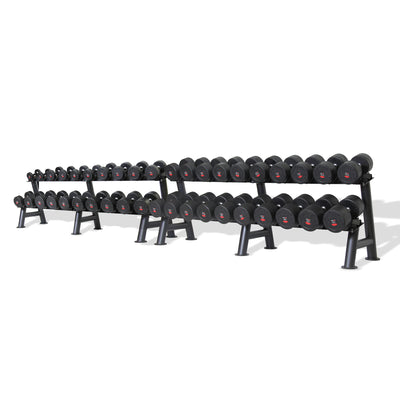 A set of SMAI's Commercial Dumbbell Set with Rack 5-60kg, featuring sleek black rubber-coated dumbbells organized by size on a tiered rack against a white backdrop. This collection spans from light to heavy weights, meticulously arranged in rows, showcasing the ideal gym equipment for any fitness enthusiast.