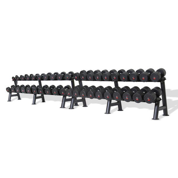 A set of SMAI's Commercial Dumbbell Set with Rack 5-60kg, featuring sleek black rubber-coated dumbbells organized by size on a tiered rack against a white backdrop. This collection spans from light to heavy weights, meticulously arranged in rows, showcasing the ideal gym equipment for any fitness enthusiast.