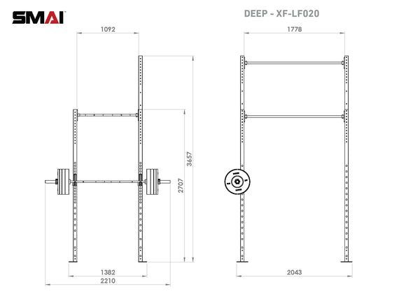 Technical drawing of a SMAI Rig - 2 Squat Cell with Bridge, showing front and side views of the high gauge steel construction with dimension labels.