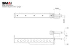 Technical drawing of the X-Frame - Spotting Arms, crafted to fit a 65x65mm square section upright. The image displays two views with detailed dimensions, including mounting holes and a locking mechanism for compatibility with SMAI Rigs, enhancing safety. Specific measurements such as 78.50 and 32.50 mm are clearly illustrated.